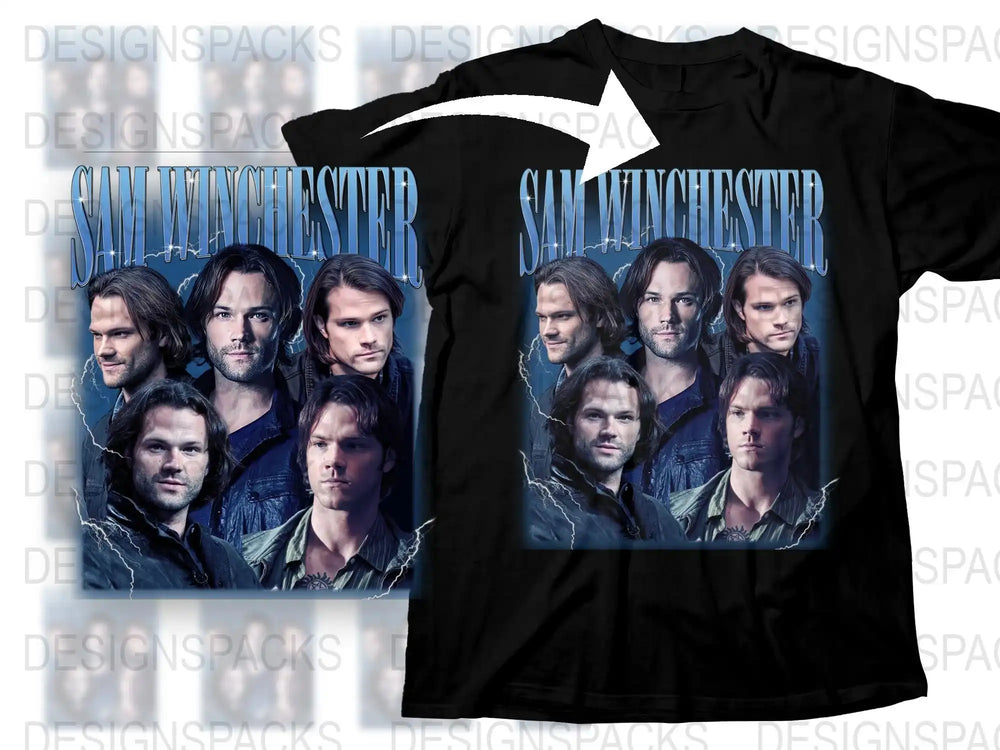 Sam Winchester T-Shirt, Supernatural TV Show Fan Merch, Multiple Portraits, Black Tee