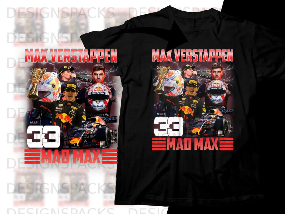 Black t-shirt featuring Max Verstappen, F1 car, and "Mad Max" graphic.
