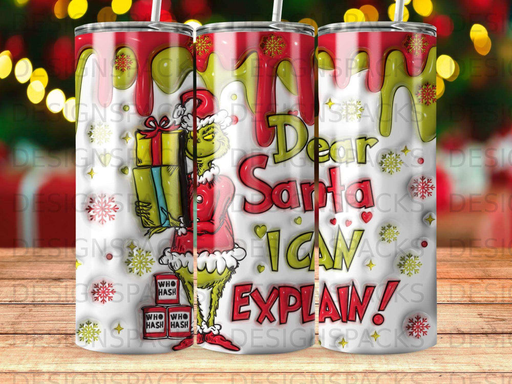 Grinch holding gift, "Dear Santa I Can Explain!" text.