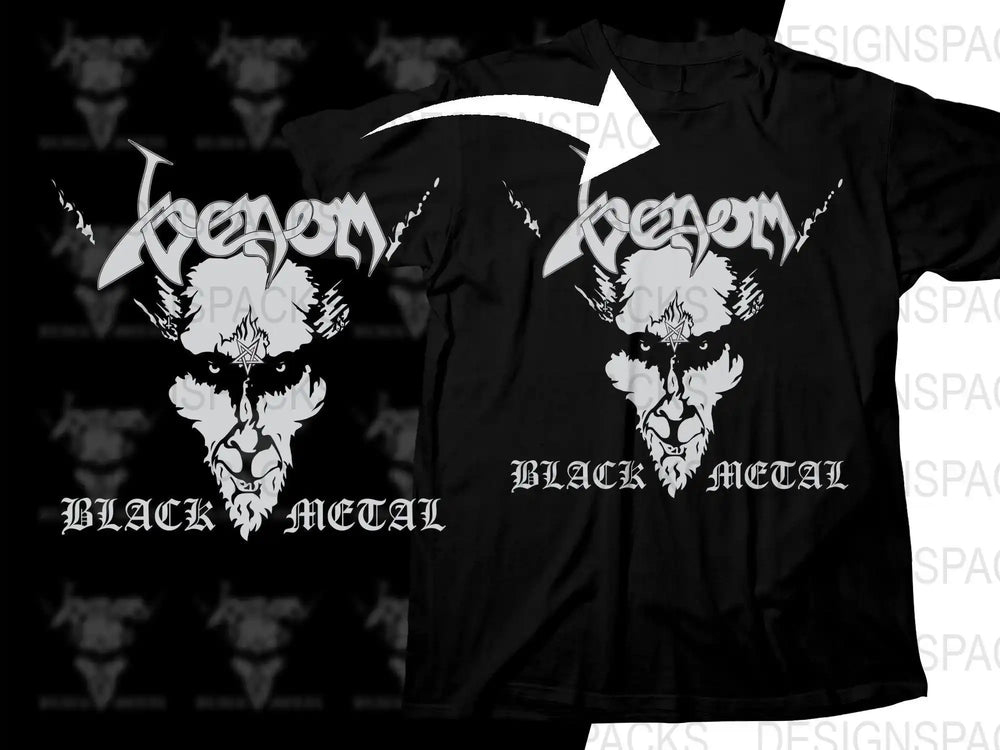 Black metal band Venom t-shirt design with demonic face and pentagram, print-ready graphic