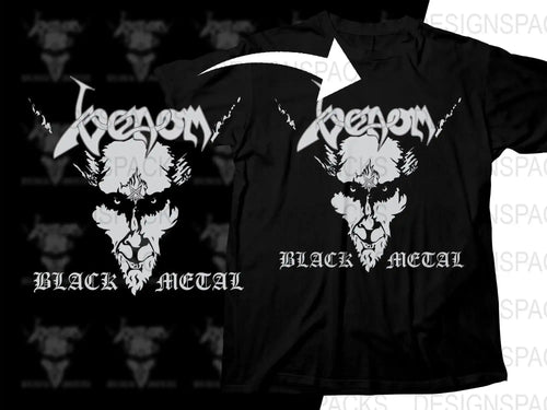 Black metal band Venom t-shirt design with demonic face and pentagram, print-ready graphic