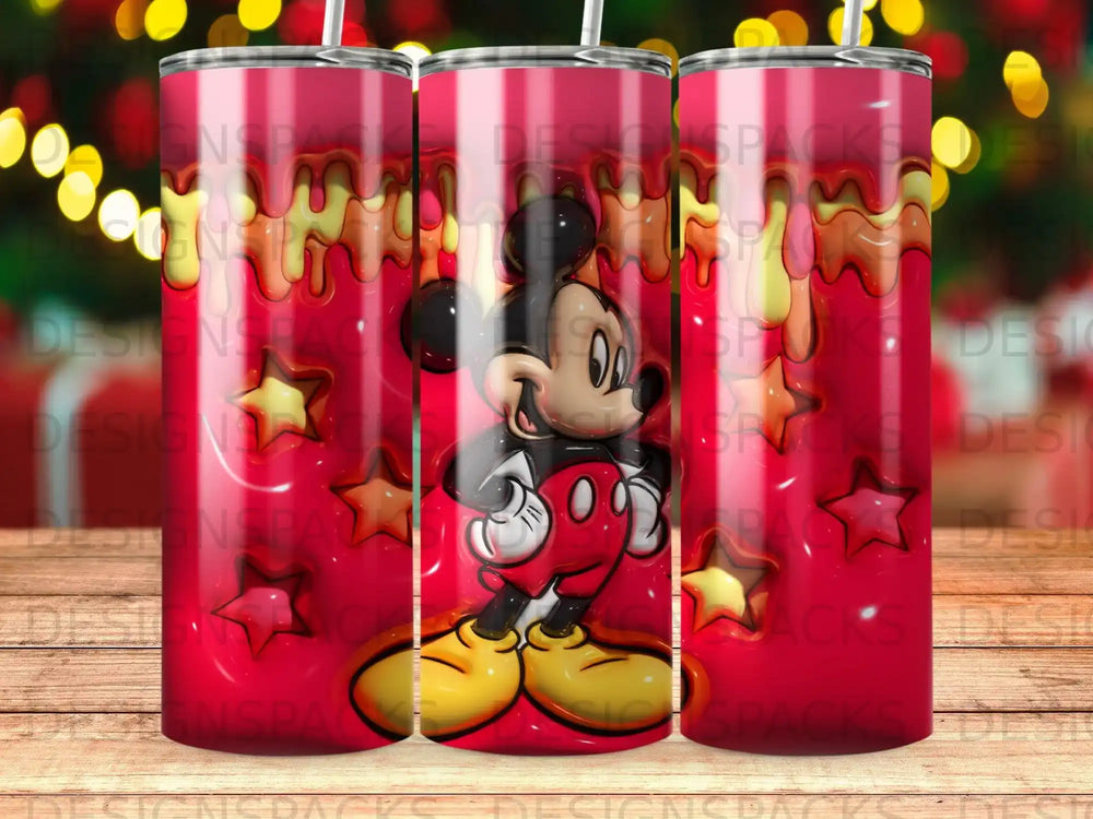 Mickey Mouse in yellow shoes on a tumbler with a red background and drippy pattern.