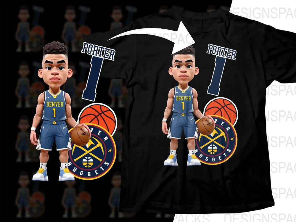 Denver Nuggets Porter #1 basketball design for t-shirts, featuring cartoon player and team logo.
