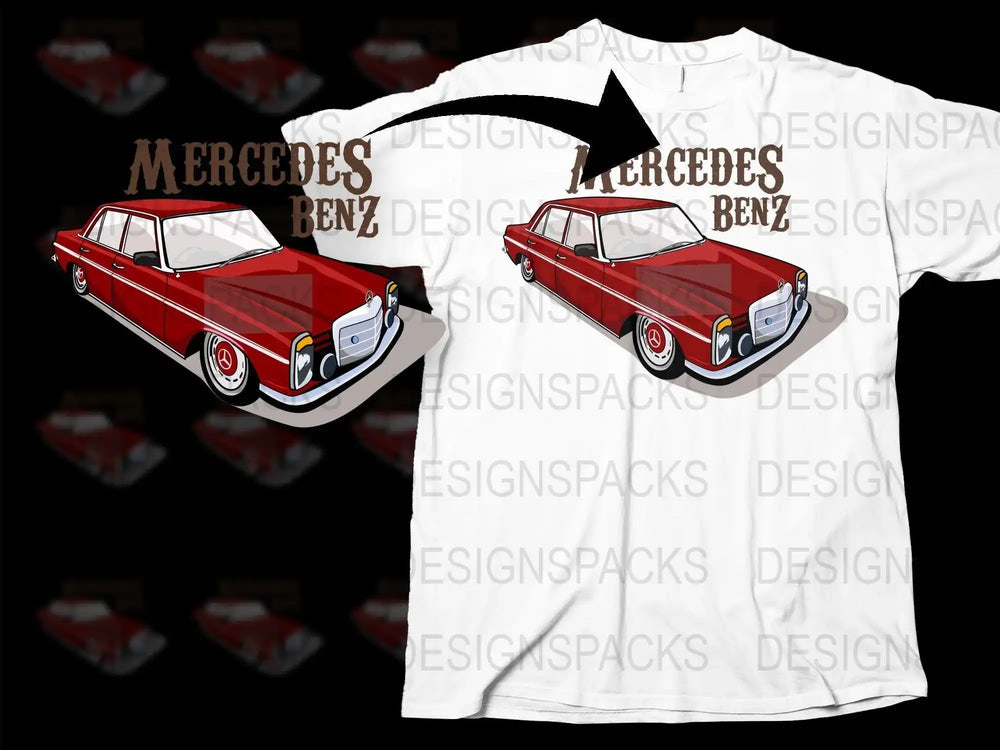 Red Mercedes-Benz classic car t-shirt design, print-ready SVG/PNG for DTG/DTF