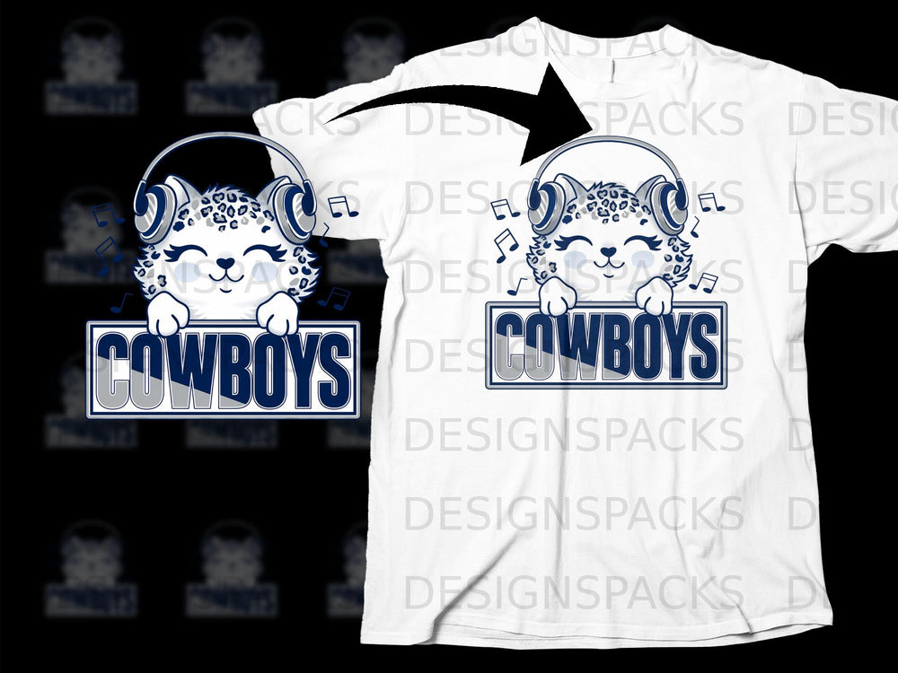 Cartoon snow leopard wearing headphones with "Cowboys" text.