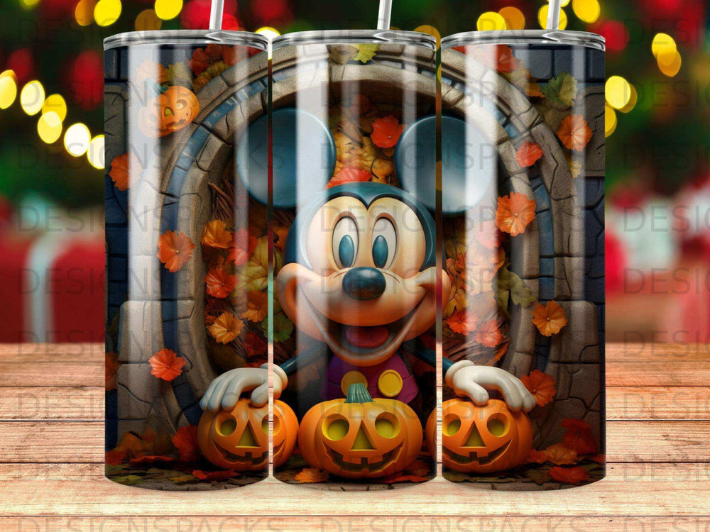 Mickey Mouse holding pumpkins in front of a brick archway with autumn leaves.