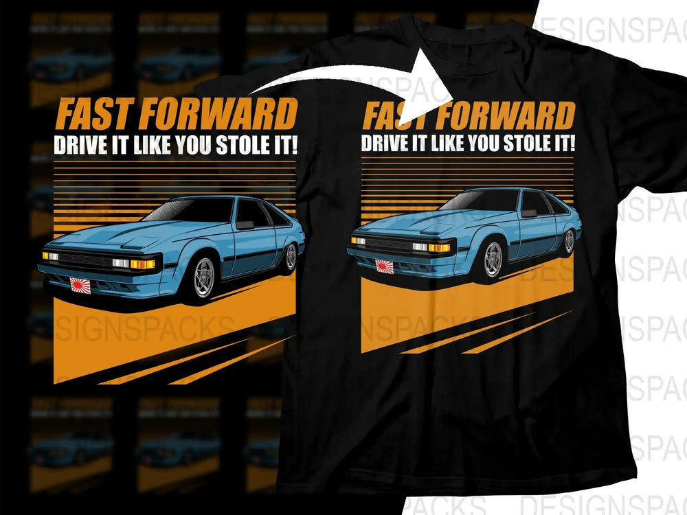 Fast Forward car t-shirt design with blue sports car and bold text