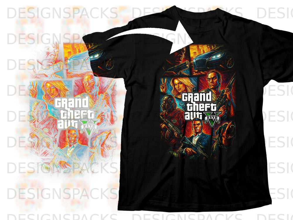 Black t-shirt with Grand Theft Auto V collage featuring characters and cars.