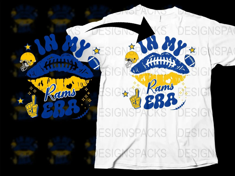 In My Rams Era football t-shirt design with blue & yellow lips, helmet, and foam finger for DTF/DTG printing