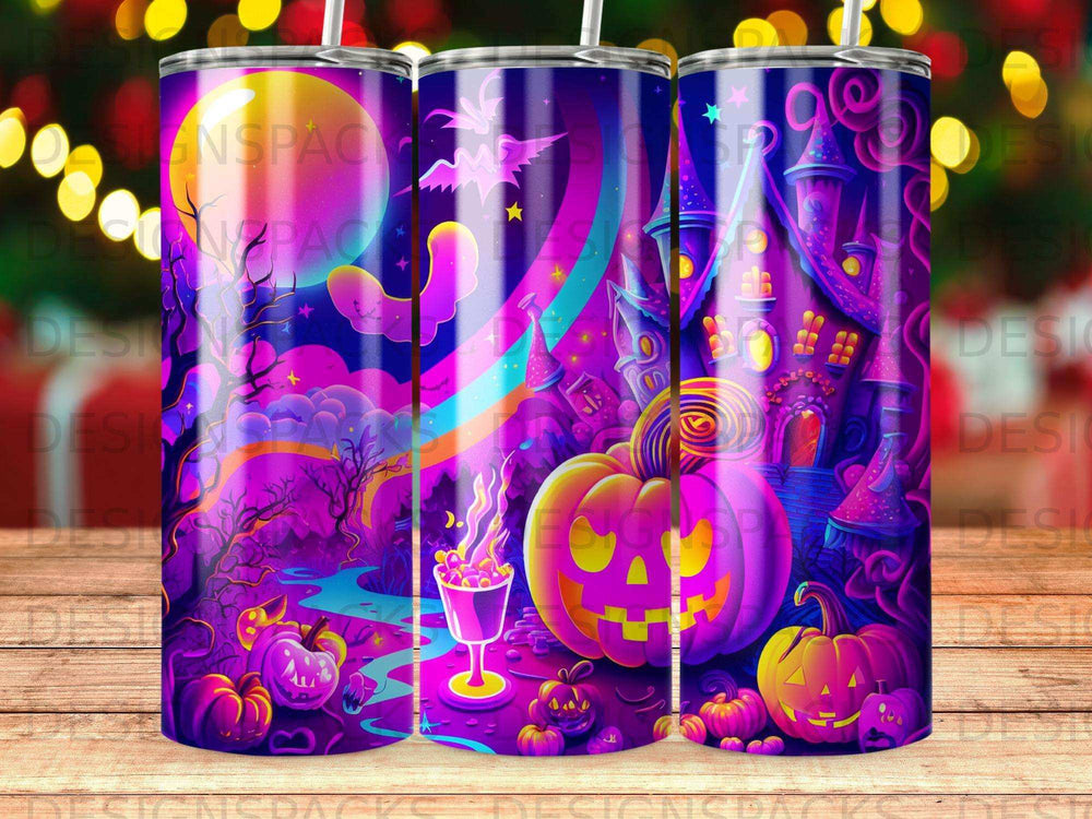 Halloween themed tumbler with pumpkins, castle, and rainbow.