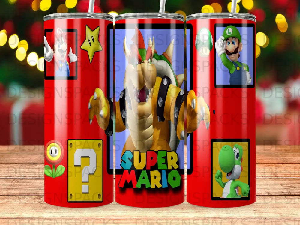 Super Mario characters Bowser, Mario, and Yoshi featured on a red tumbler.