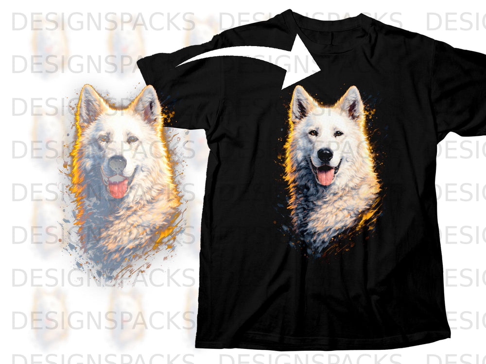 Black t-shirt featuring a watercolor-style white dog portrait with a white arrow.