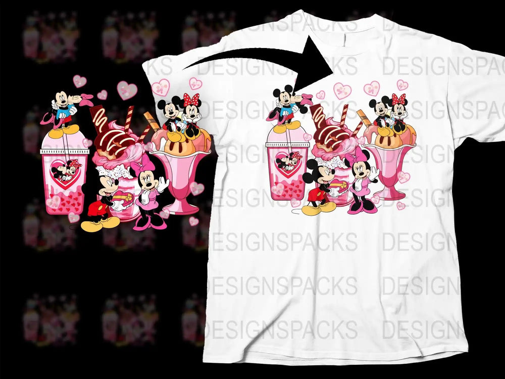 Mickey and Minnie Mouse Valentine's design on white t-shirt with pink hearts and milkshakes