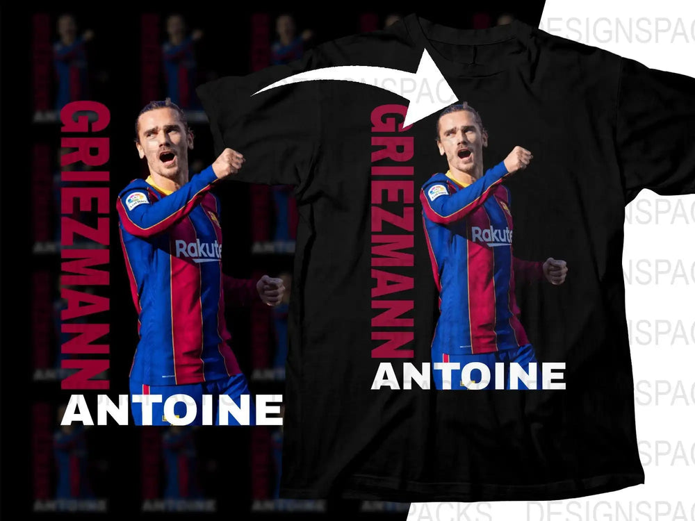 Antoine Griezmann soccer player t-shirt design, print-ready for DTG or DTF, featuring celebration pose and name text