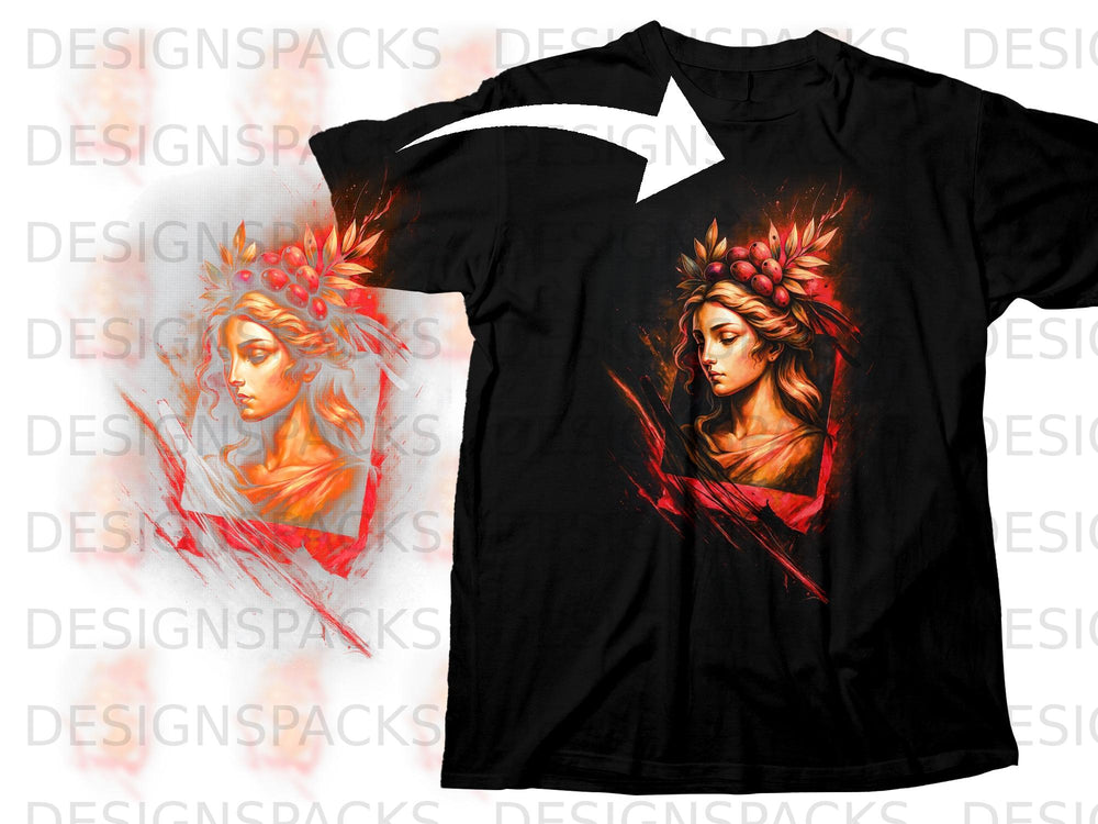 Black t-shirt featuring a vibrant graphic of a woman's head crowned with berries.