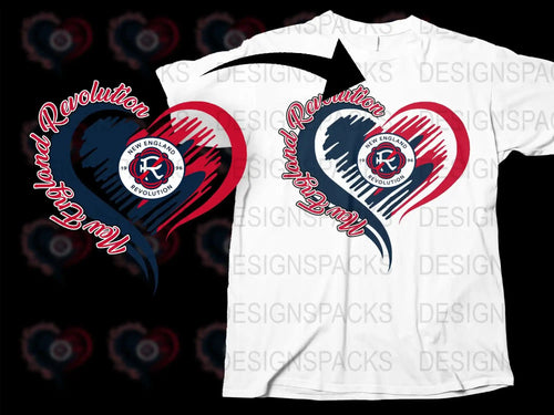 New England Revolution heart design on white t-shirt, print-ready for DTF/DTG