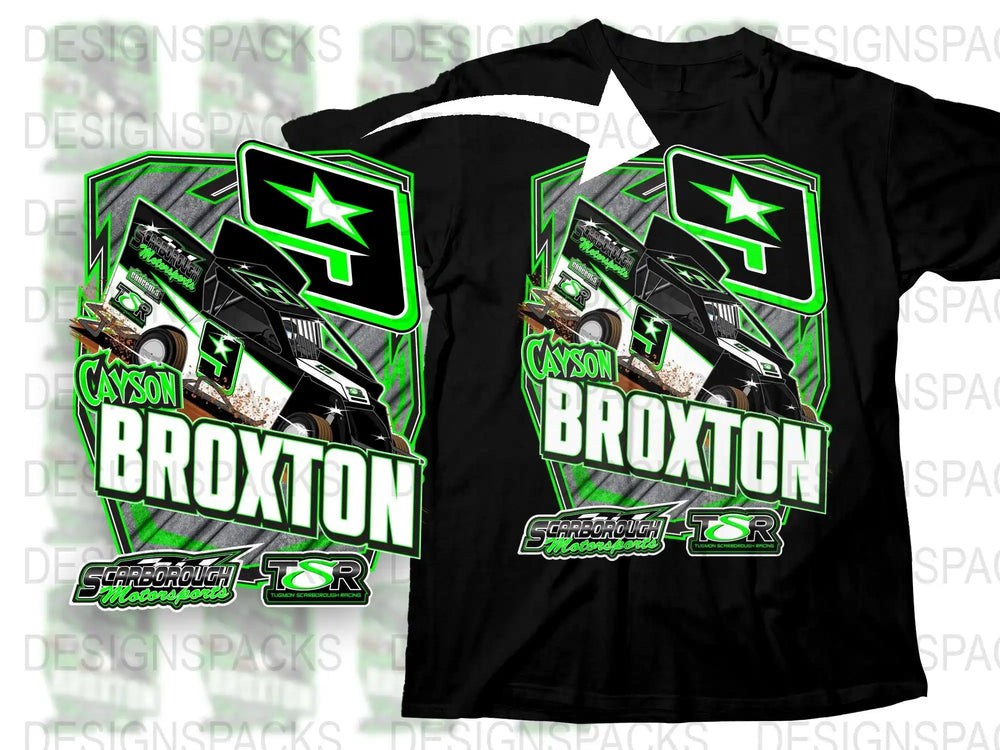 Cayson Broxton racing truck design on black t-shirt with green accents