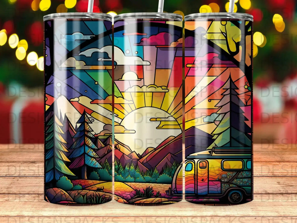 Colorful stained-glass style camper van with mountain and sun landscape.