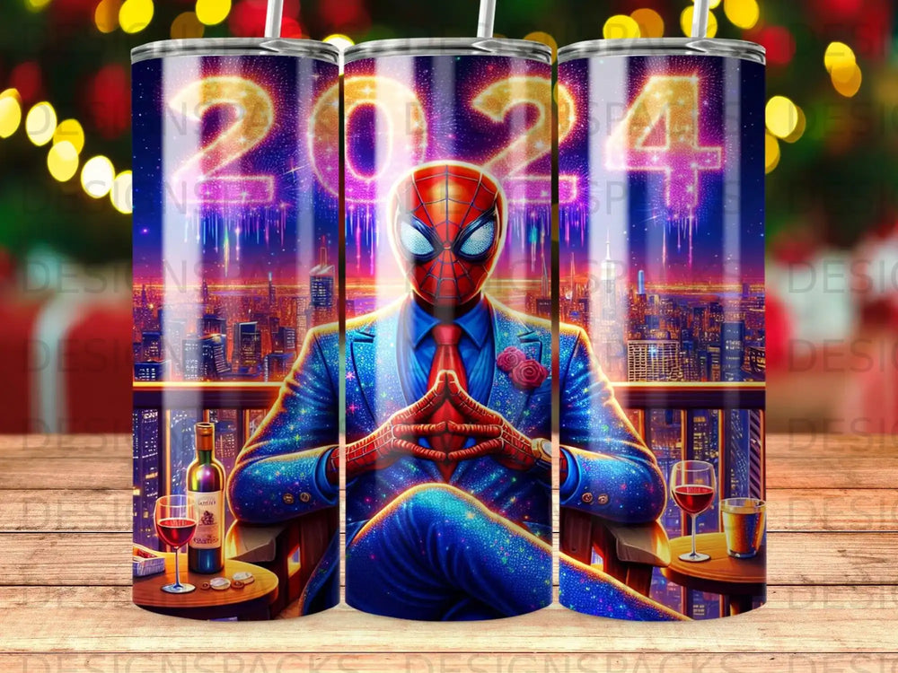 Spider-Man in a suit sits on a balcony overlooking a city, holding wine.