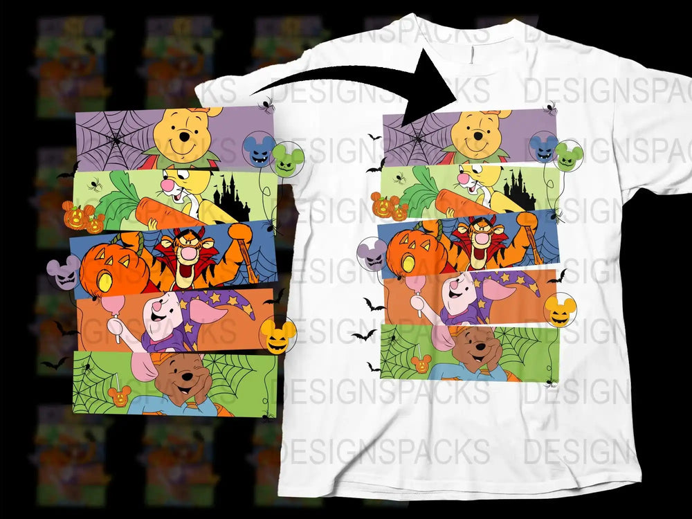 Halloween Themed T-Shirt with Cartoon Characters, Pumpkin Design, Kids and Adults Sizes Available