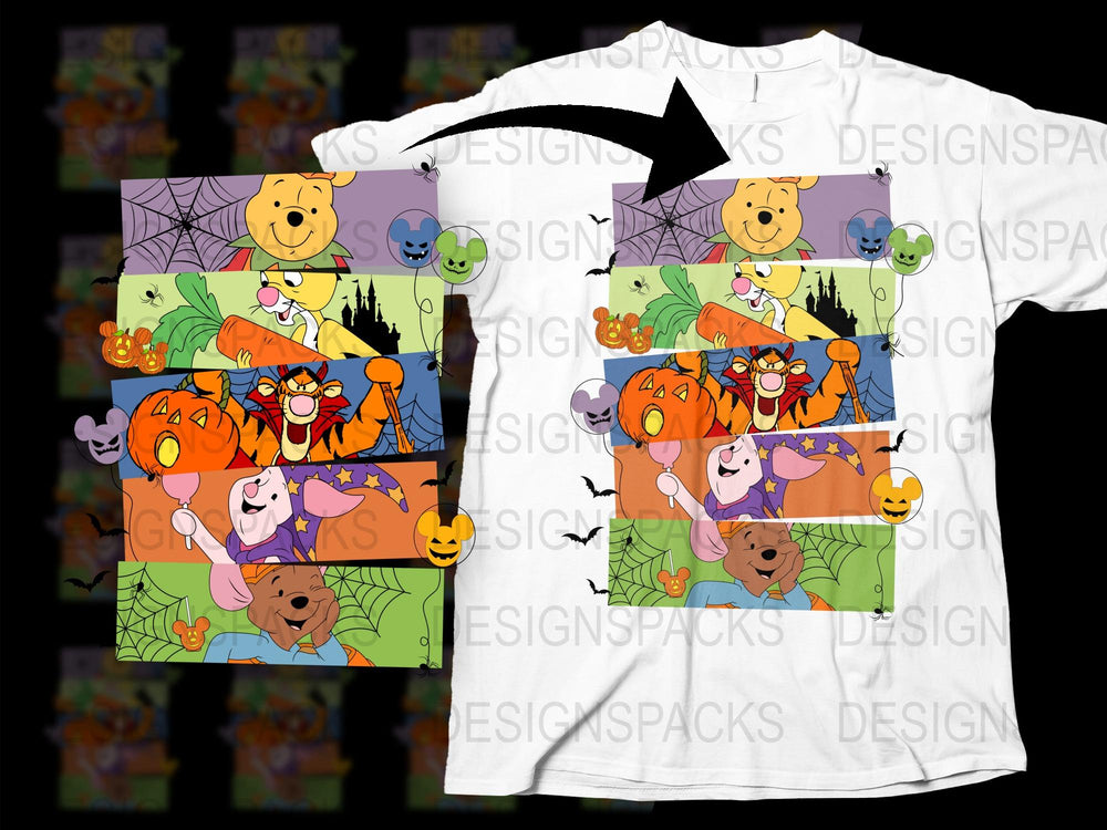 Halloween Themed T-Shirt with Cartoon Characters, Pumpkin Design, Kids and Adults Sizes Available