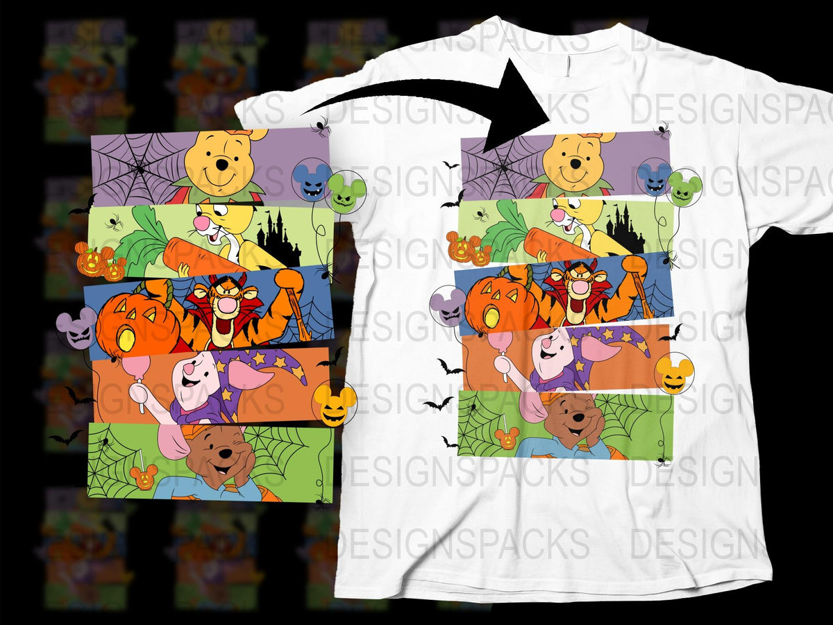 Halloween Themed T-Shirt with Cartoon Characters, Pumpkin Design, Kids and Adults Sizes Available