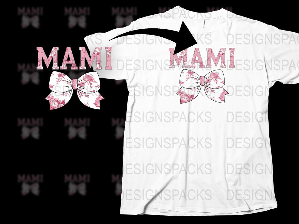 Mami Pink Bow Graphic T-Shirt, Cute Floral Bow Shirt, Trendy Mom Tee, Stylish Women's Top