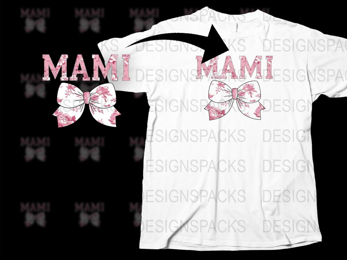 Mami Pink Bow Graphic T-Shirt, Cute Floral Bow Shirt, Trendy Mom Tee, Stylish Women's Top