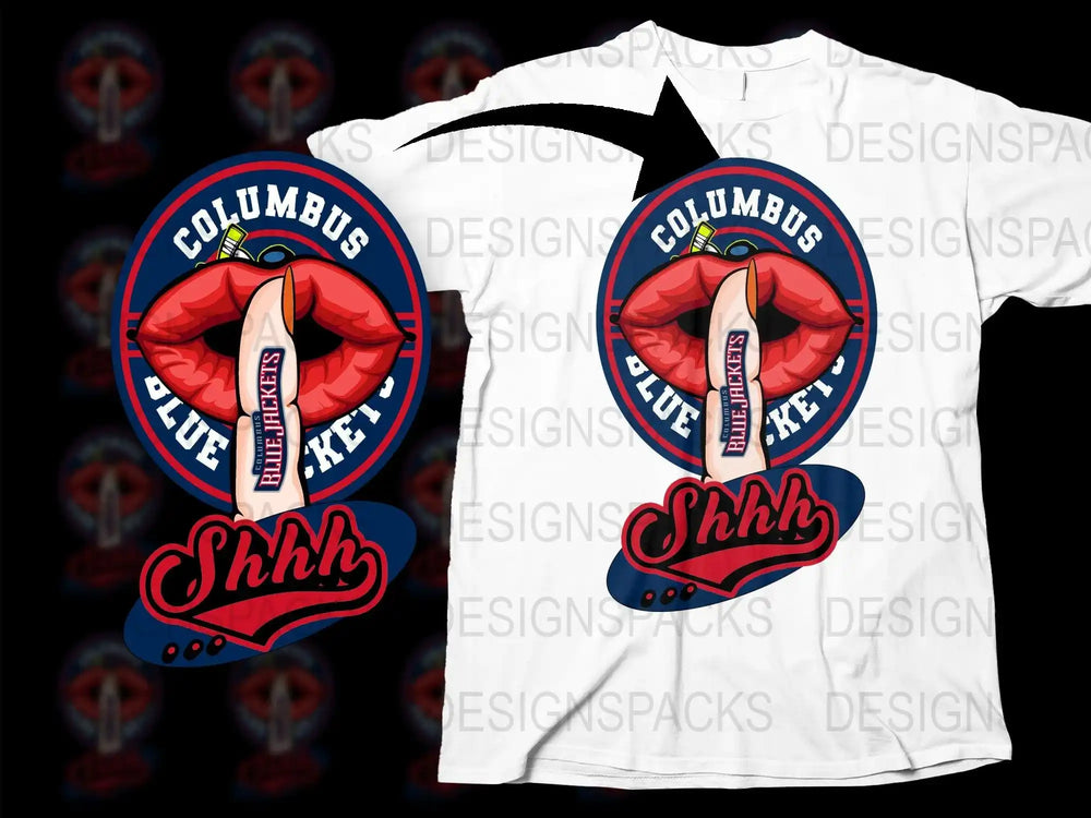 Columbus Blue Jackets 'Shhh' t-shirt design with red lips and finger, print-ready for DTG/DTF