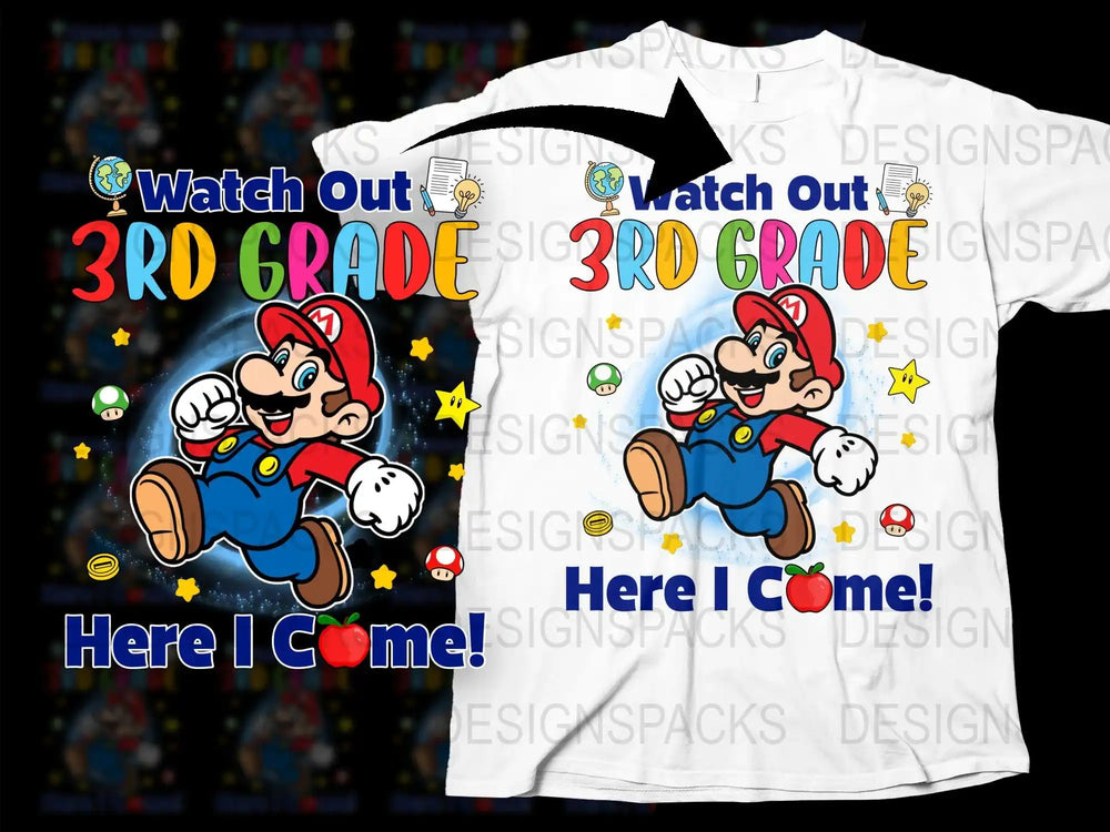 Mario 3rd Grade T-Shirt Design with Stars and Mushrooms