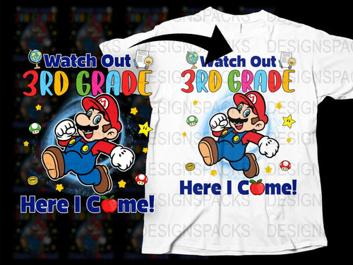 Mario 3rd Grade T-Shirt Design with Stars and Mushrooms
