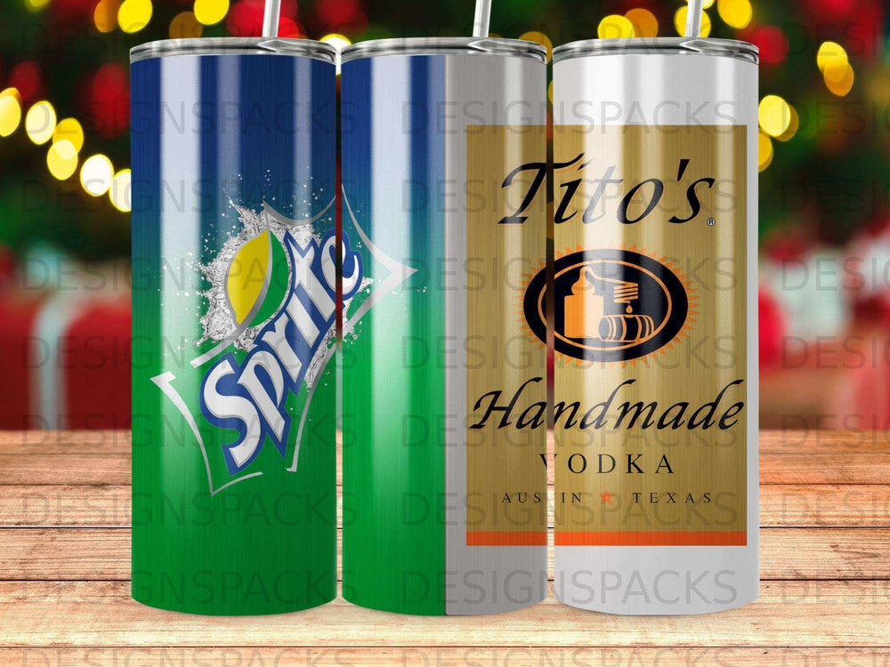 Three insulated tumblers: Sprite, Tito's Handmade Vodka, and a third with a gold and brown pattern.