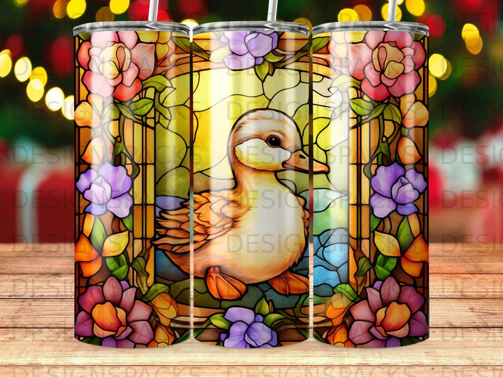 Duck and flowers stained glass design on a tumbler.