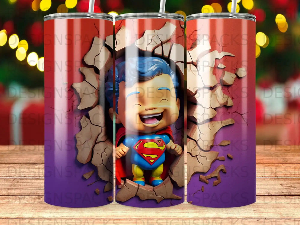 Cartoon superhero with cape bursting through cracked wall on a tumbler.