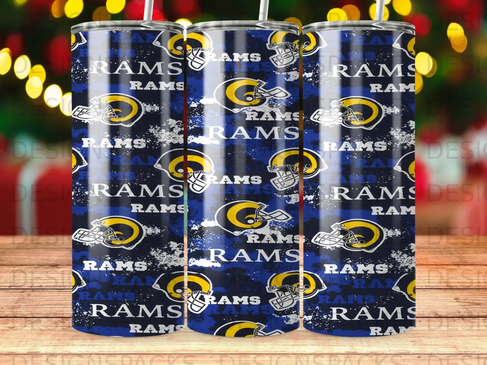 Los Angeles Rams logo and helmets pattern on a tumbler.