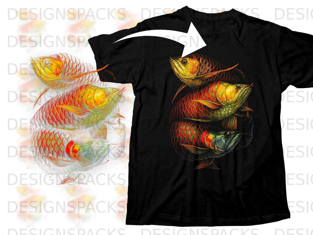 Black t-shirt with a stacked design of three colorful Arowana fish.