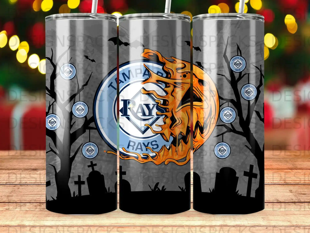 Tampa Bay Rays logo on a Halloween-themed tumbler with trees and tombstones.
