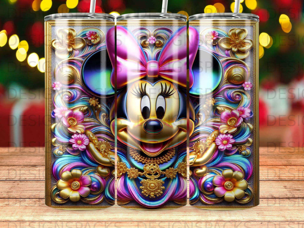Minnie Mouse with ornate floral and gold embellishments on a tumbler.