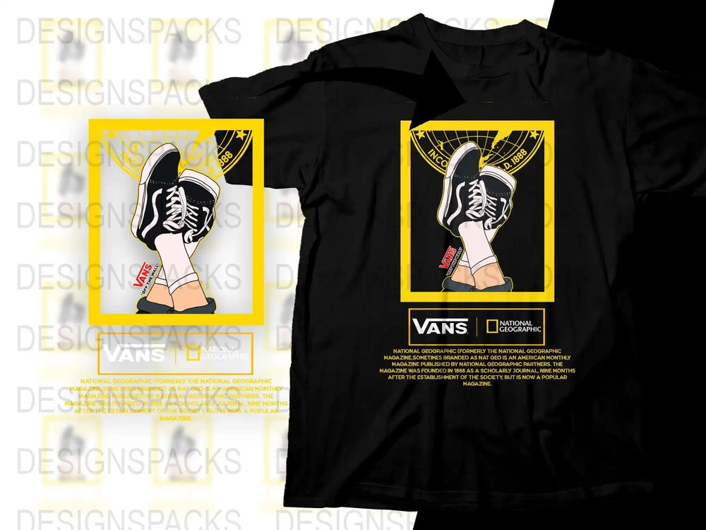 Vans x National Geographic t-shirt design with sneakers and globe graphic, print-ready PNG
