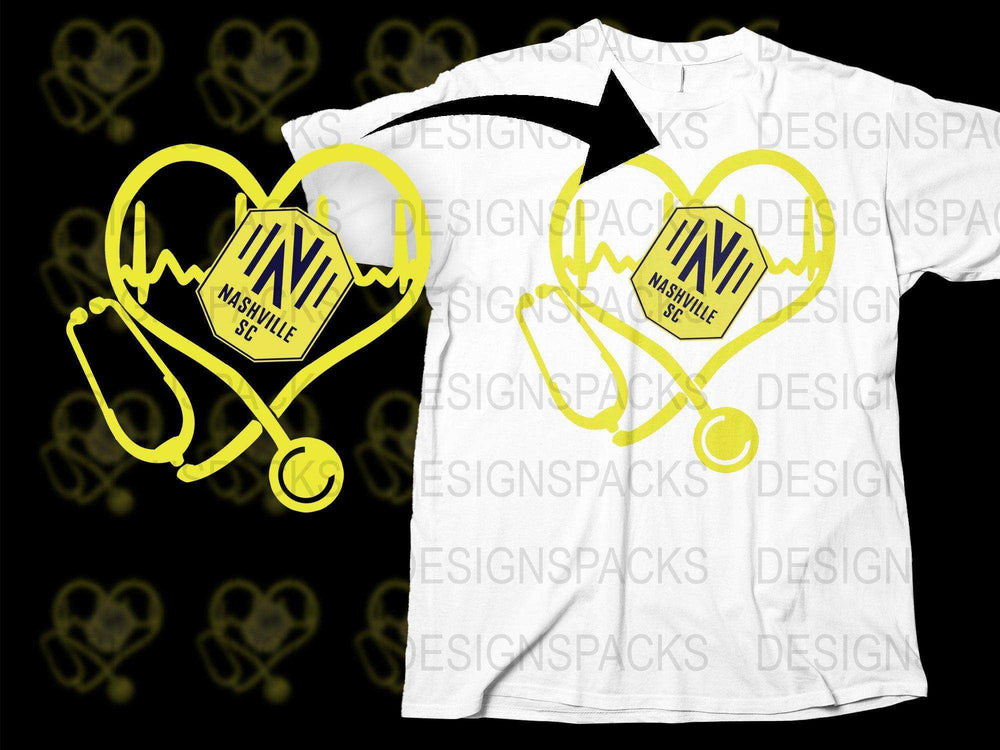 Yellow stethoscope heart design with Nashville SC text, print-ready for DTG/DTF t-shirts