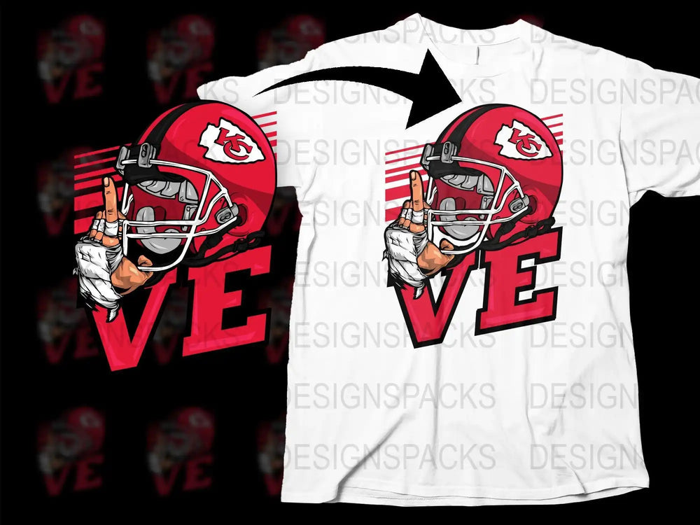 Kansas City Chiefs football helmet design on white t-shirt with bold VE text