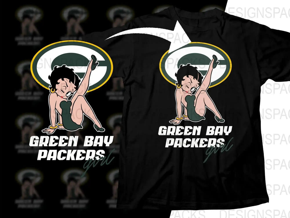 Green Bay Packers Betty Boop design on black t-shirt, print-ready for DTG or DTF