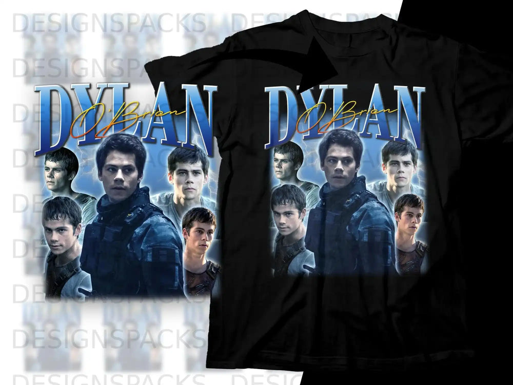 Collage of Dylan O'Brien's characters on a black t-shirt.