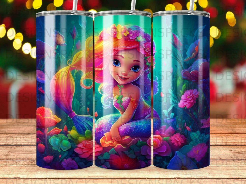 Mermaid with colorful hair sitting among vibrant flowers and foliage.