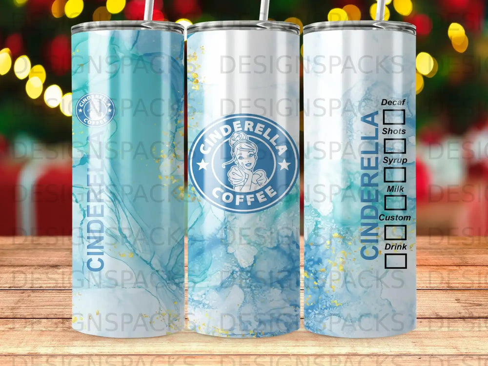 Cinderella themed tumblers with coffee, drink, and Cinderella castle graphics.