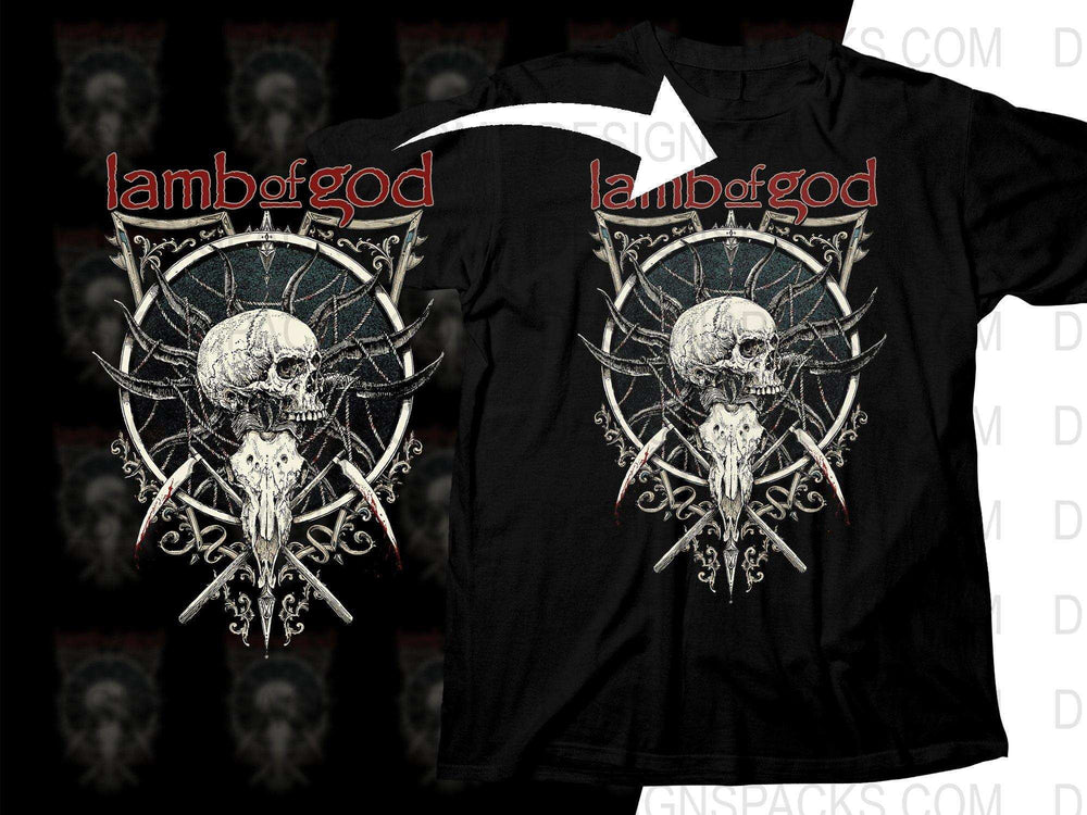 Lamb of God band t-shirt with skull and ornate design, print-ready graphic for DTG/DTF