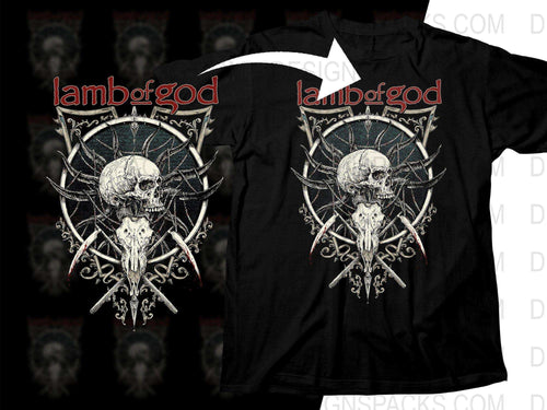 Lamb of God band t-shirt with skull and ornate design, print-ready graphic for DTG/DTF