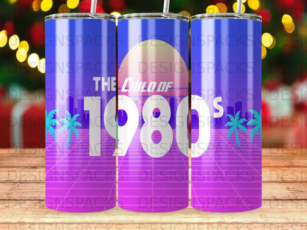 Tumbler with "The Child of 1980" text and palm tree graphics.