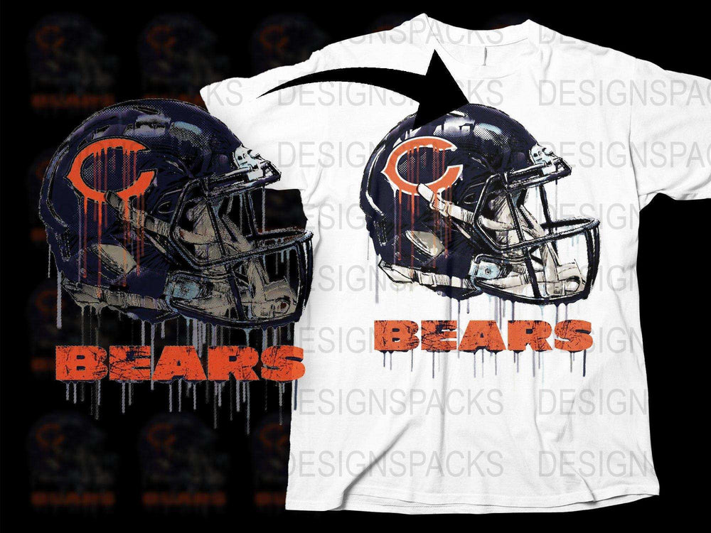 Chicago Bears helmet design on white t-shirt with dripping effect, print-ready for DTG or DTF