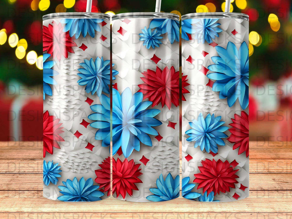 Three tumblers with red and blue floral patterns against a white geometric background.
